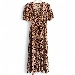 Leopard Print Deep V Midi Dress Flutter Sleeve Satin Tan Black Size S Boho